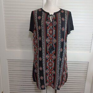 Skies Are Blue Black Embroidered Boho‎ Pop Over Dress Tassel Ties Size Medium